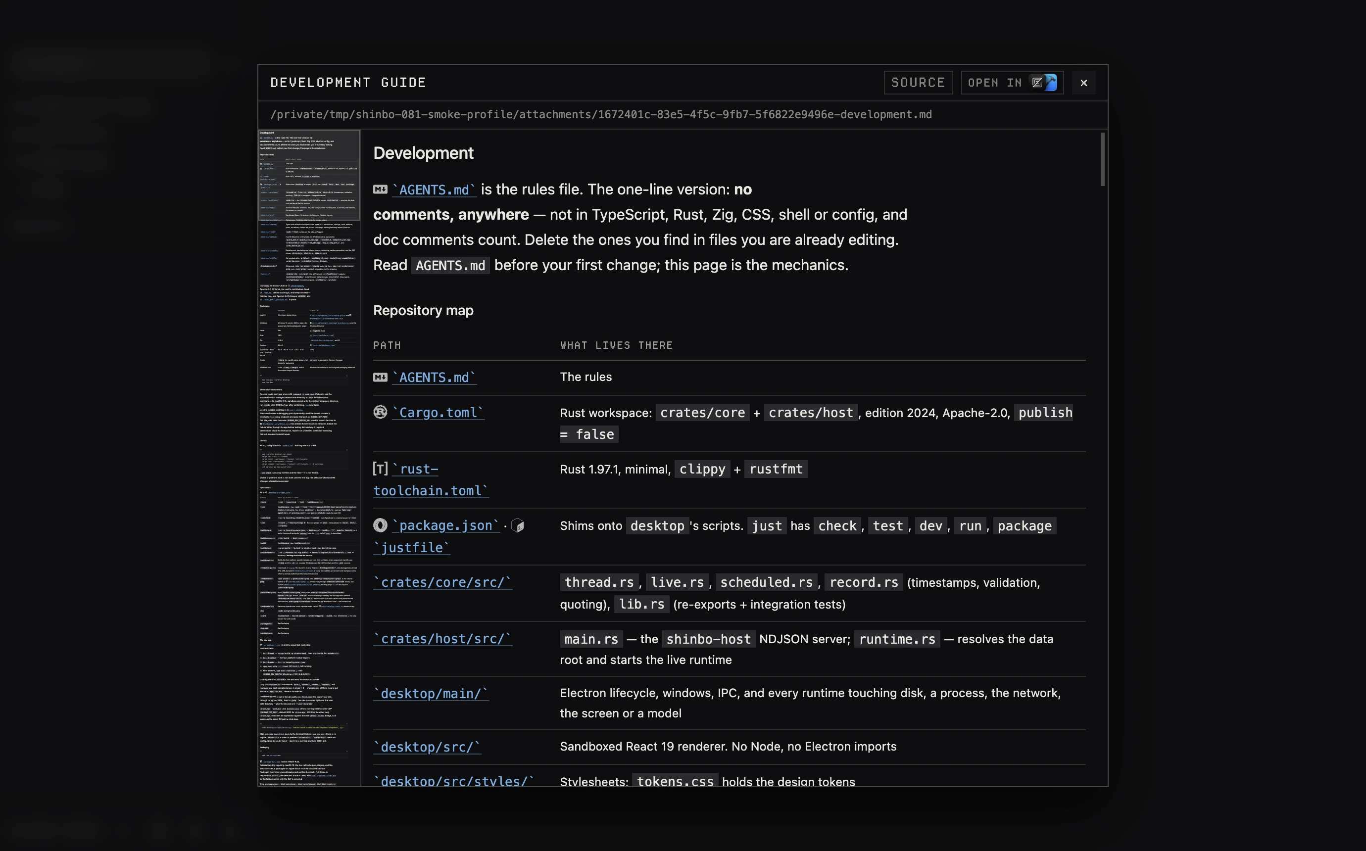 Shinbo Markdown preview with the development guide and a left-side document minimap