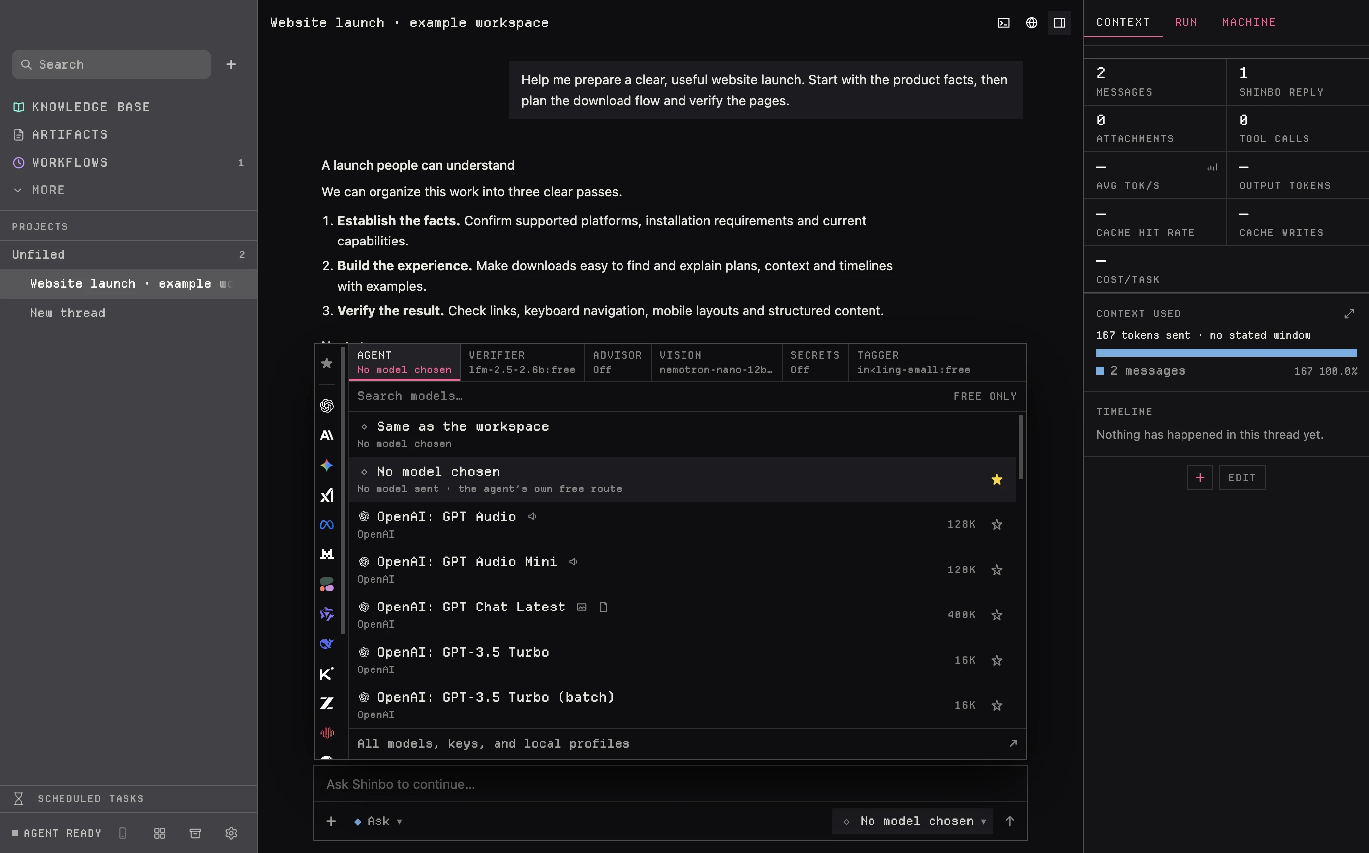 Shinbo model picker over an illustrative website launch conversation, showing model roles, search, catalog entries and favorites