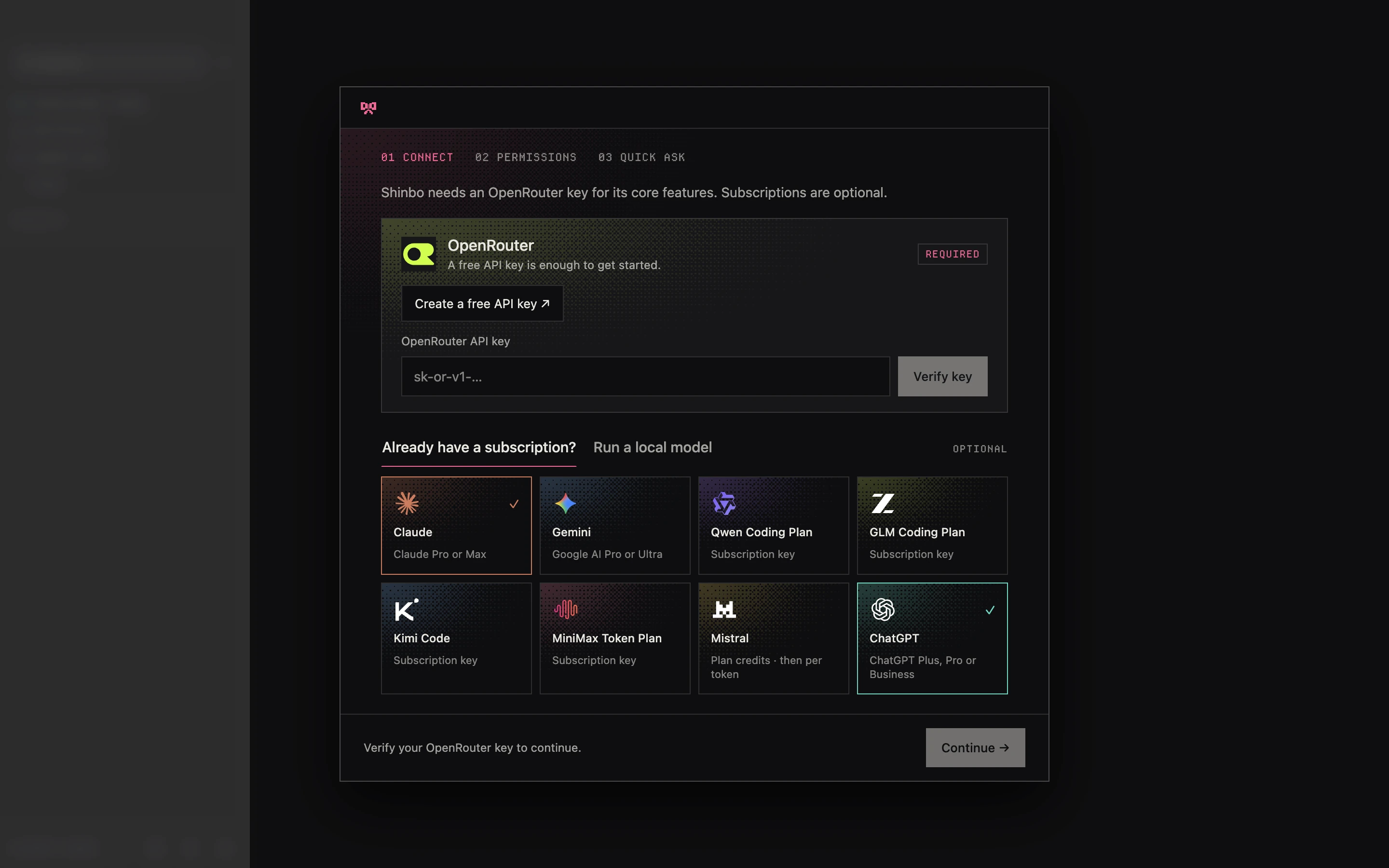 Shinbo's Connect step with the required OpenRouter key verification form, eight optional subscription tiles, connected Claude and ChatGPT tiles, and Continue locked until the key is verified