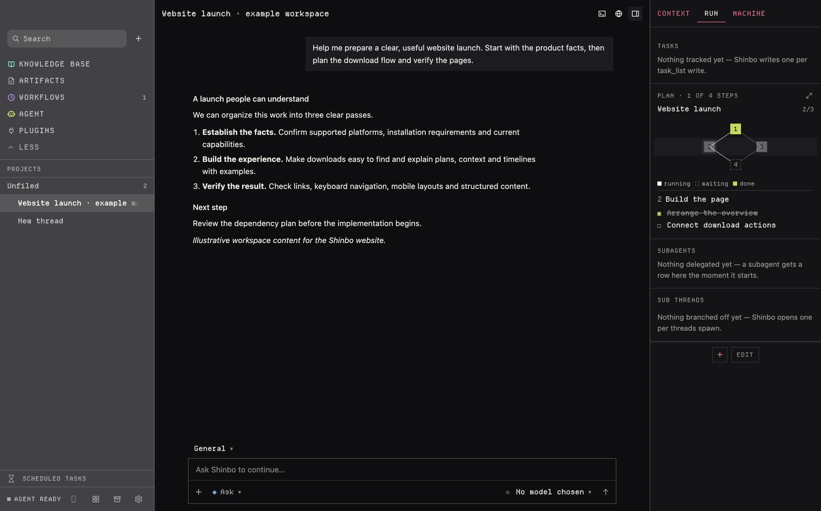 Illustrative website launch conversation with a four-node dependency plan in the Run sidebar: one done, two running and one waiting