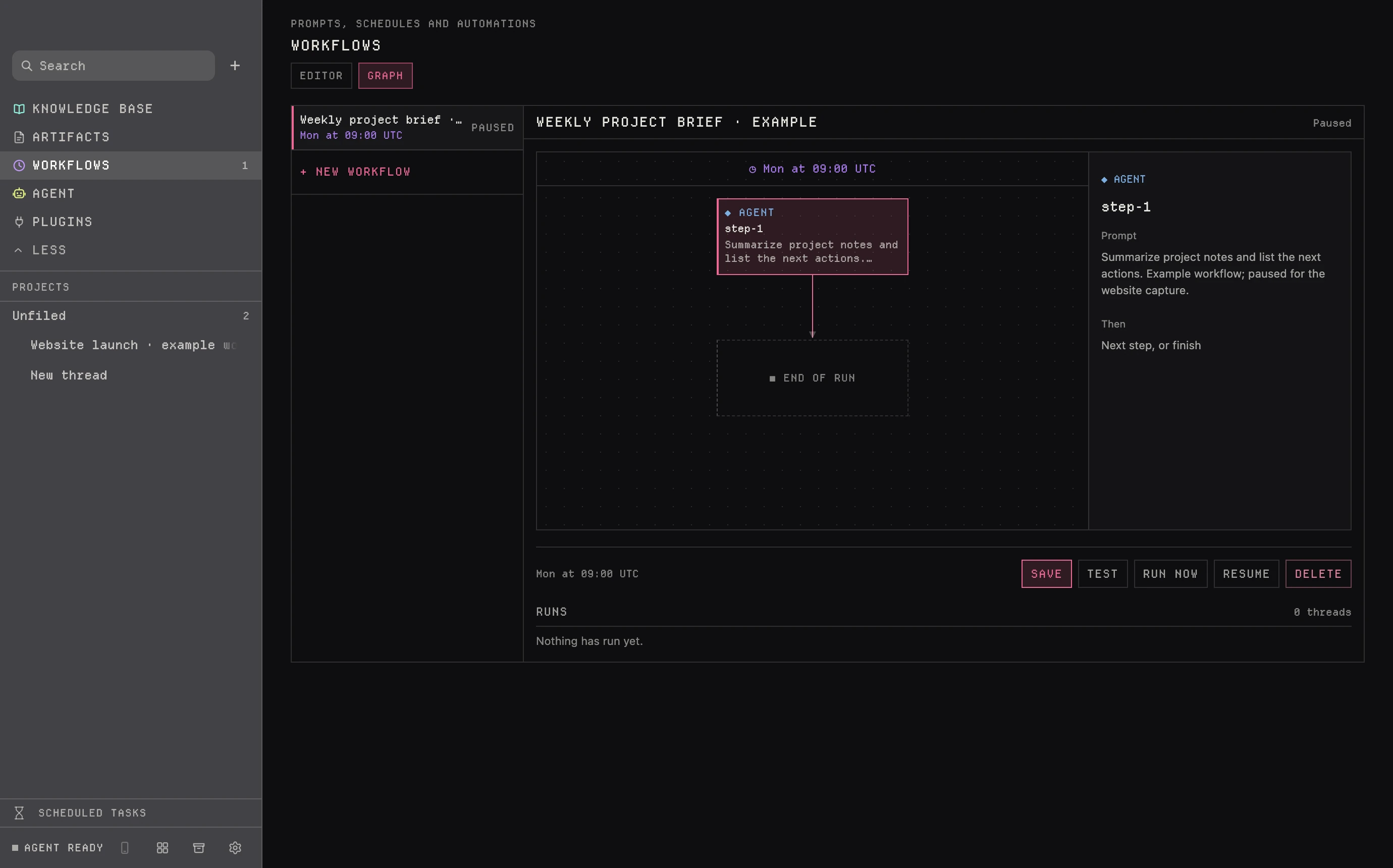 Shinbo Graph view of the paused weekly project brief: one agent node leading to the end of the run