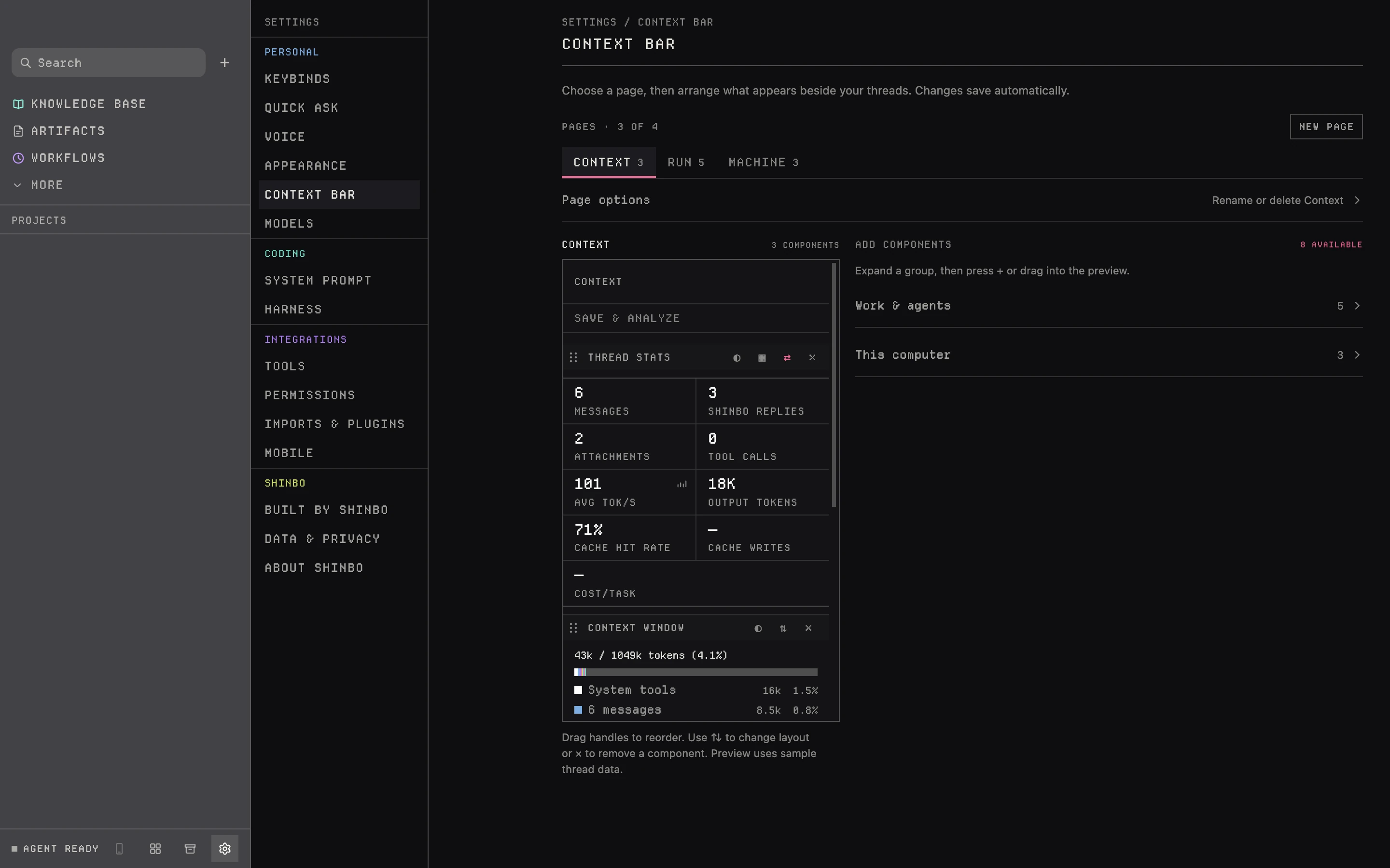 Shinbo Context bar settings with page tabs, a sample-data inspector preview and collapsed component groups