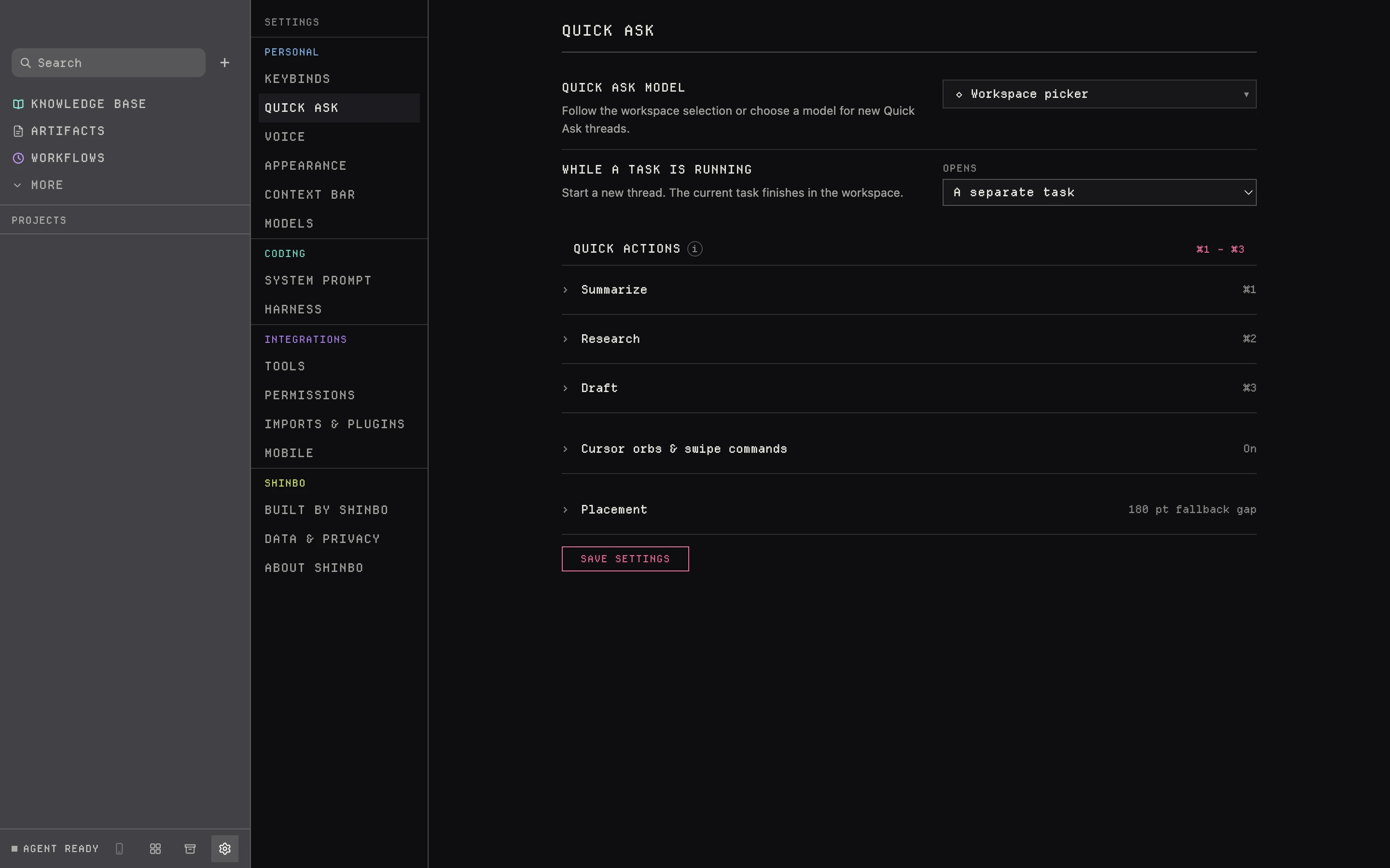Shinbo Quick Ask settings with model, task and quick action controls